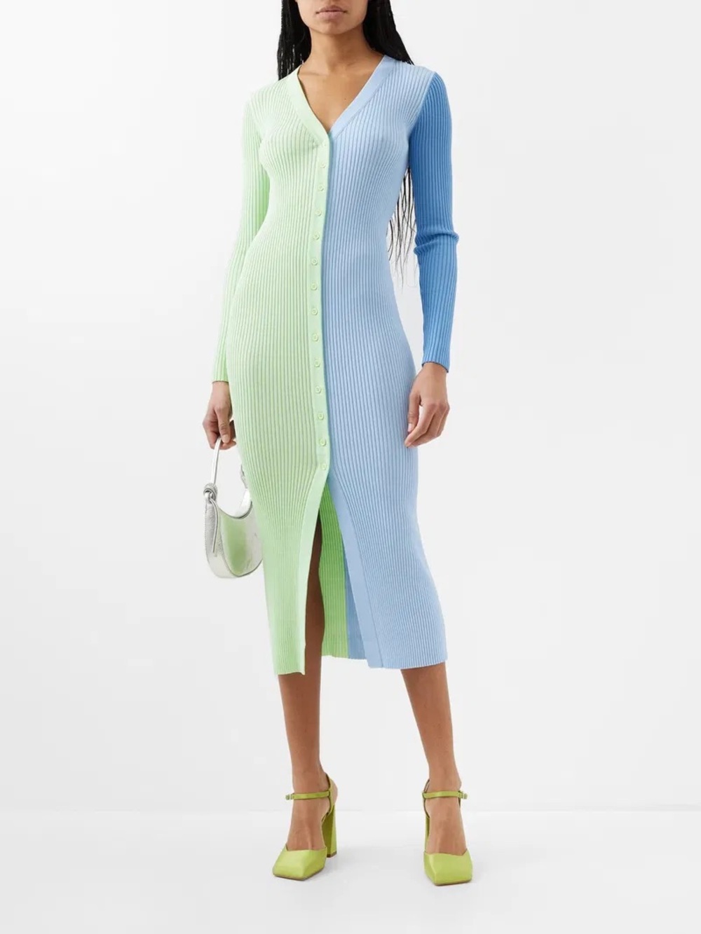 STAUD Two-Tone Pastel Green & Blue Ribbed Button-Front Midi Dress